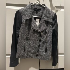 NWT, Black Rainn Women's Herringbone Jacket with Black Leather Sleeves, Size M